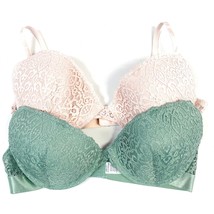 Lace Push Up Bra Set Womens 36C Demi Cup Pink Green Underwire Feminine S... - $17.99