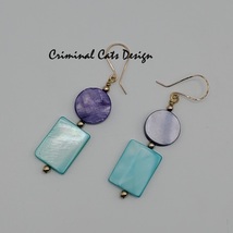 Mother of Pearl Earrings in Sea-foam-Green and Purple, hand made  image 5