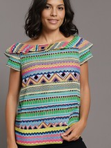 Women Top Geometric Print Cotton Short Sleeve Blouse Size Small  Paradis... - $14.74