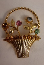  Flower Basket Brooch - Amber Rhinestone Goldtone Spring Holiday Vintage - $10.00