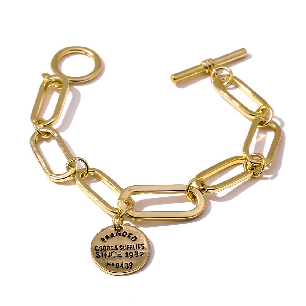 Yup Vintage Round Pendant Copper Chain Bracelet for Women Trendy Metal Golden Te - £8.93 GBP