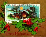 Gilt Holly Winter Cabin Scene Embossed Merry Christmas H I Robbins Postc... - $10.84