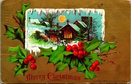 Gilt Holly Winter Cabin Scene Embossed Merry Christmas H I Robbins Postcard C4 - £8.51 GBP