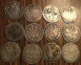 Lot Of 12 Uk Gb Great Britain Victoria Silver Threepence Coins - £31.39 GBP