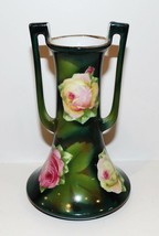 Lovely Vintage Painted Porcelain Green With Roses &amp; Gold Rim 6&quot; Handled Vase - £34.81 GBP