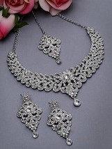 Rhodium Plated Silver AD Stones Collar Bone Necklace Set Earring Kundan Jewelry - £16.50 GBP