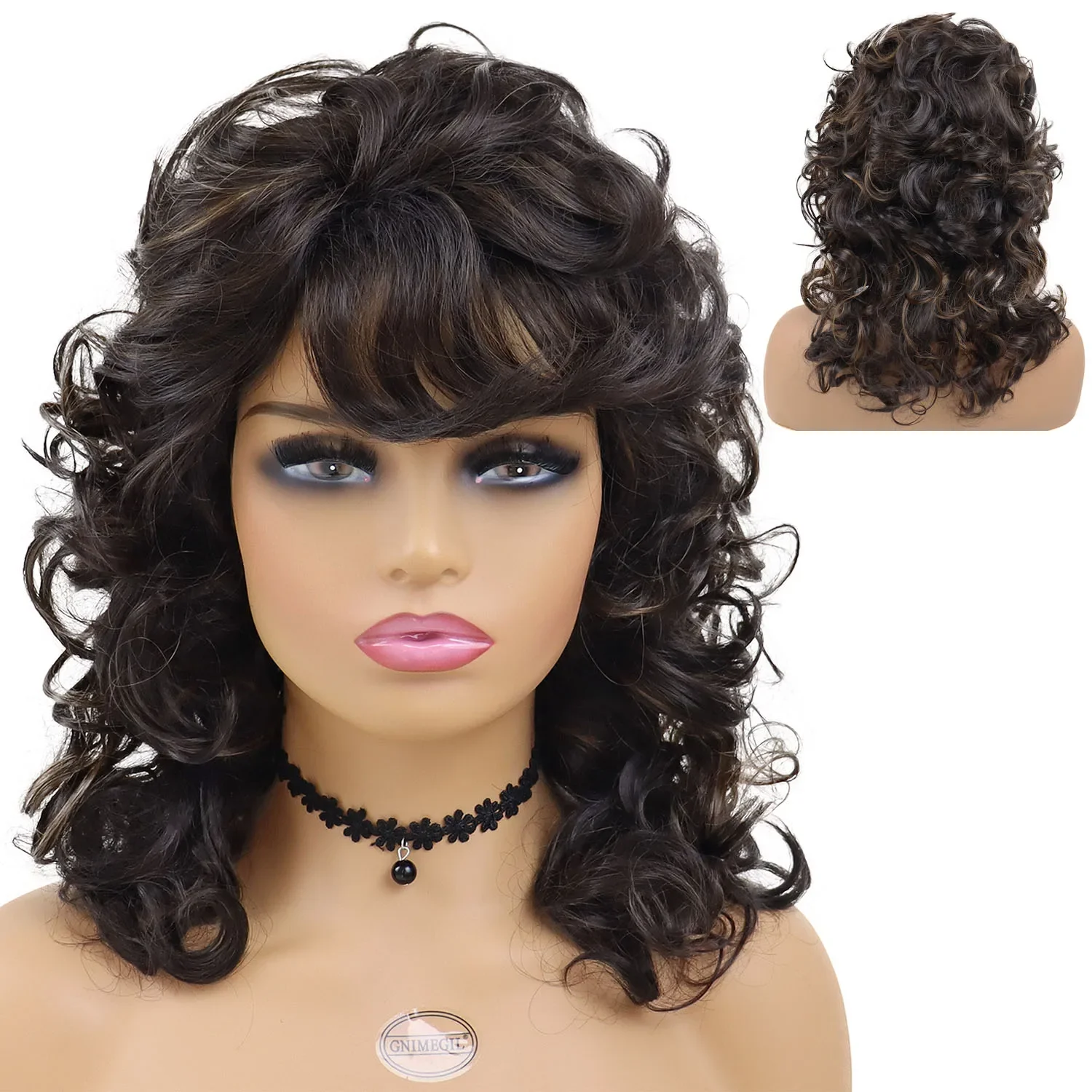 GNIMEGIL Synthetic Long Curly Wigs with Bangs Brown Wig Highlights African - £24.04 GBP+