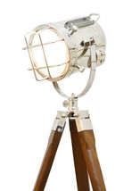 Vintage Nautical Electric Floor Searchlight W/WOOD Tripod Stand Spotlight Lamps - £236.39 GBP