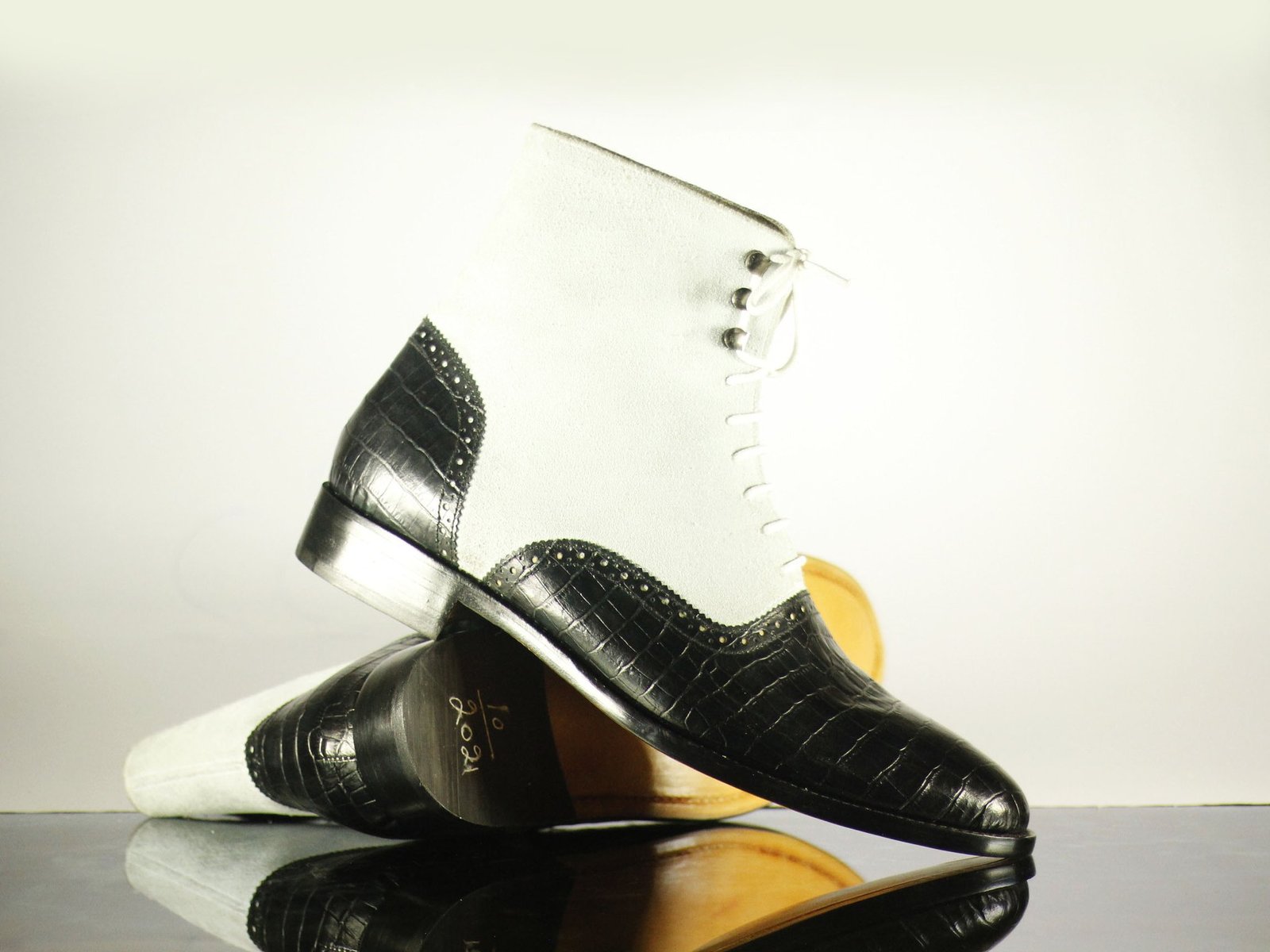 Handmade Men Black White Alligator Textured Leather Suede Boots, Men Ankle Boots