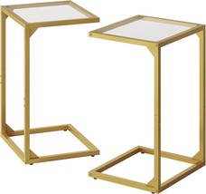 Hoobro C-Shaped End Table Set Of 2, Tempered Glass Couch Table, Gold Gd04Sfp201 - £51.95 GBP