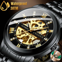 Luxury Men&#39;S Stainless Steel Gold Tone Skeleton Automatic Mechanical Wrist Watch - £30.49 GBP
