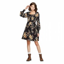 Dress Xhilaration Women&#39;s Size S Black Floral Print Long Sleeve Square Neck - £16.72 GBP