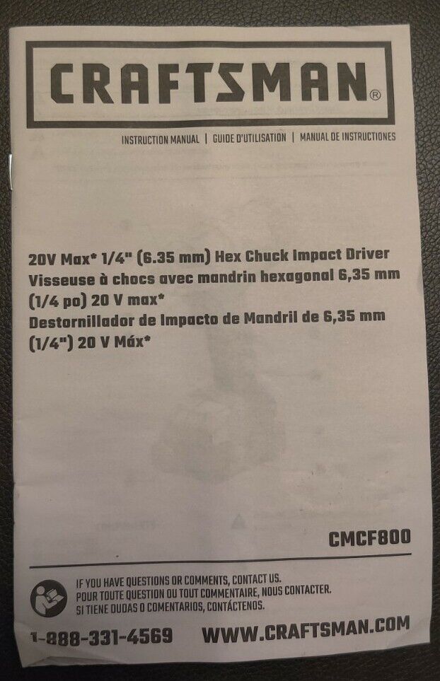 Craftsman 20V Max Hex Chuck Impact Driver CMCF800 Instruction Manual Only - $1.00