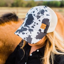 Black White Cow Print Western Trucker Ponytail Hat - £18.49 GBP