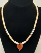 Puka Shell Choker Necklace with Polished Wooden Charm 17&quot; Vintage - £11.48 GBP