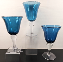 3 Tabletops Unlimited Corsica Blue Water Goblets Set Bubble Bowl Clear Stems Lot - £44.09 GBP