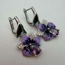 925 Sterling Silver Purple Floral Crystal Earrings  Elegant Flower Studs... - $118.00