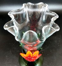 Hand Blown Art Glass Bud Vase with Applied Glass Red Flower, Crystal Cle... - $39.59