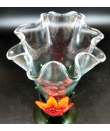 Hand Blown Art Glass Bud Vase with Applied Glass Red Flower, Crystal Cle... - £31.31 GBP