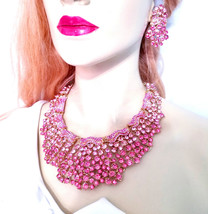Pink Necklace Set, Rhinestone Necklace Earrings, Bridesmaid Pageant Prom Jewelry - £48.90 GBP