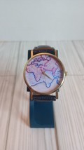 Modcloth Women&#39;s Watch Globe World Map Face Black Leather Band Gold Tone - £11.89 GBP