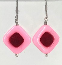 Dark red felt ball earrings in pink hard plastic square frame, handmade earrings - £14.22 GBP