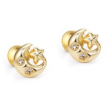 14k Oro Amarillo Cz Luna Y Estrella Infantil de Rosca Bebé Pendientes Niña - $35.96