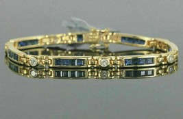 14K Yellow Gold Plated Silver 7Ct Blue Sapphire Princess Cut Simulated Bracelet - £158.26 GBP