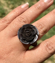 Ebony Wood Rose Flower Carved Ring, 20 mm dia, US 8.5 Ring Size D1 - £17.93 GBP
