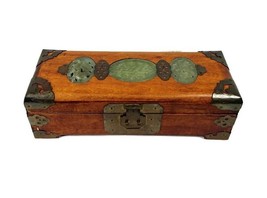 Chinese Brass MUSIC Wooden Jewelry Box with Jade Inlay Three Jade Medallions - £105.70 GBP