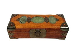 Chinese Brass MUSIC Wooden Jewelry Box with Jade Inlay Three Jade Medallions - $134.63