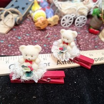 Vtg Enesco 1986 Christmas Ornament White Bear W/ Lace & Holly On Red Clothespin - $5.25