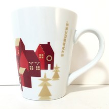 Starbucks 2013 Christmas Holiday 13 oz. Coffee Cup Mug Red Village Gold Trees - £11.63 GBP