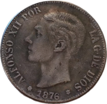 5 Pesetas 1876 - Alfonso XII Medalla Constitucional Renacimiento - $18.55 CAD