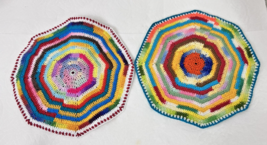 Two Hand Crocheted Rainbow Potholders Round 7 1/2&quot; Grandma Core Lot A - $341.48 MXN