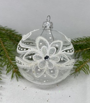 Transparent with silver and white glitter glass ball Christmas ornament, XMAS  - £10.22 GBP