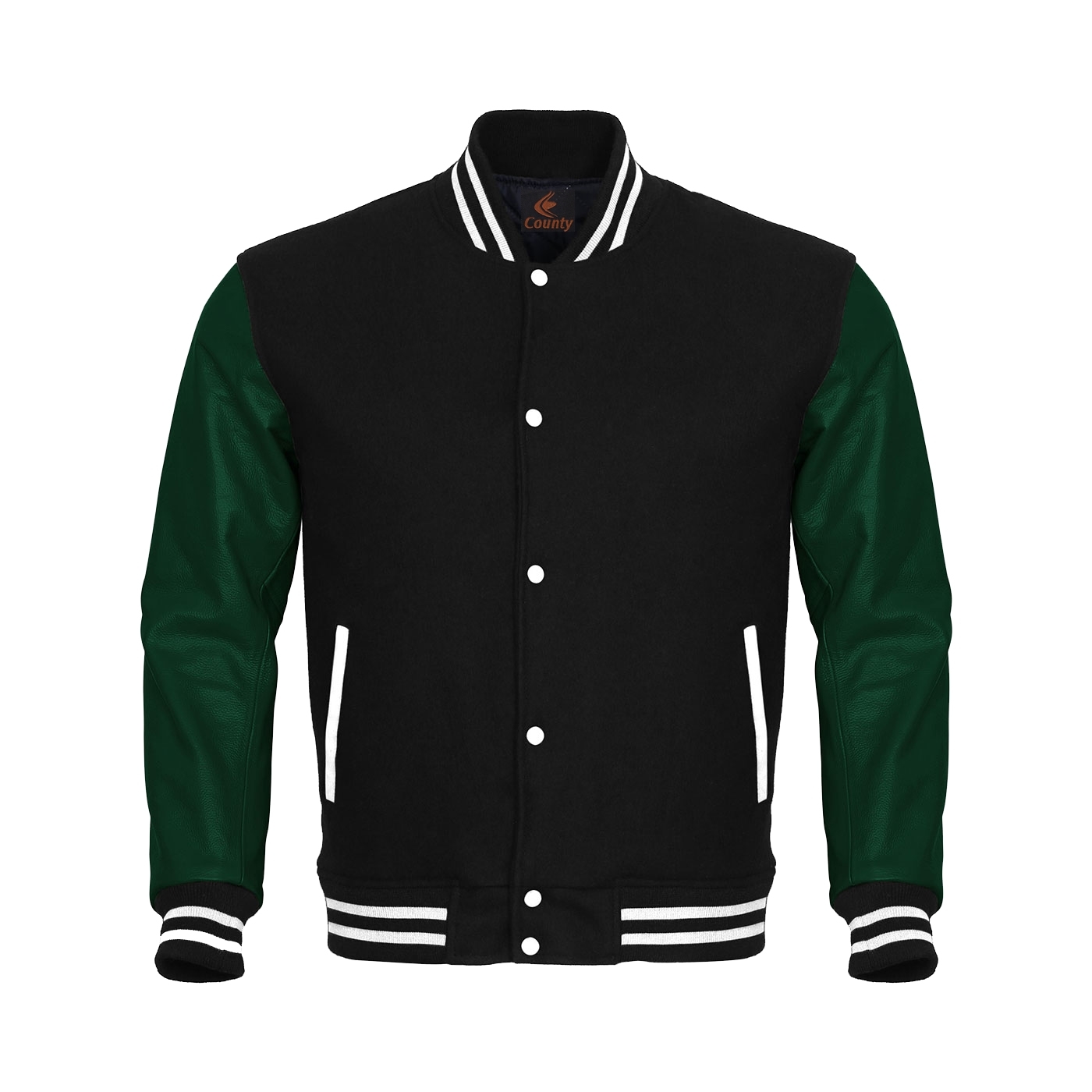 Varsity Jacket Letterman Jacket Baseball Jacket Black Body Green Leather Sleeves