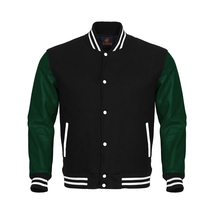 Varsity Jacket Letterman Jacket Baseball Jacket Black Body Green Leather Sleeves - £65.27 GBP+