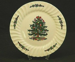 Classic China Christmas Village 10-3/8&quot; Dinner Plate Xmas Tree Design Swirl Rim - £15.81 GBP