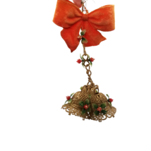 Vtg Christmas Decor Plastic Bells and Bow Hanging Holly Chain Gold Red Holiday - £21.18 GBP