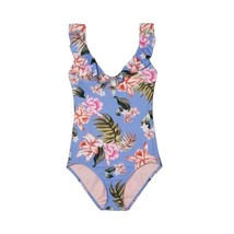 Kona Sol One Piece Blue Tropical Print Ruffle Neck High Coverage Swim Su... - £18.75 GBP