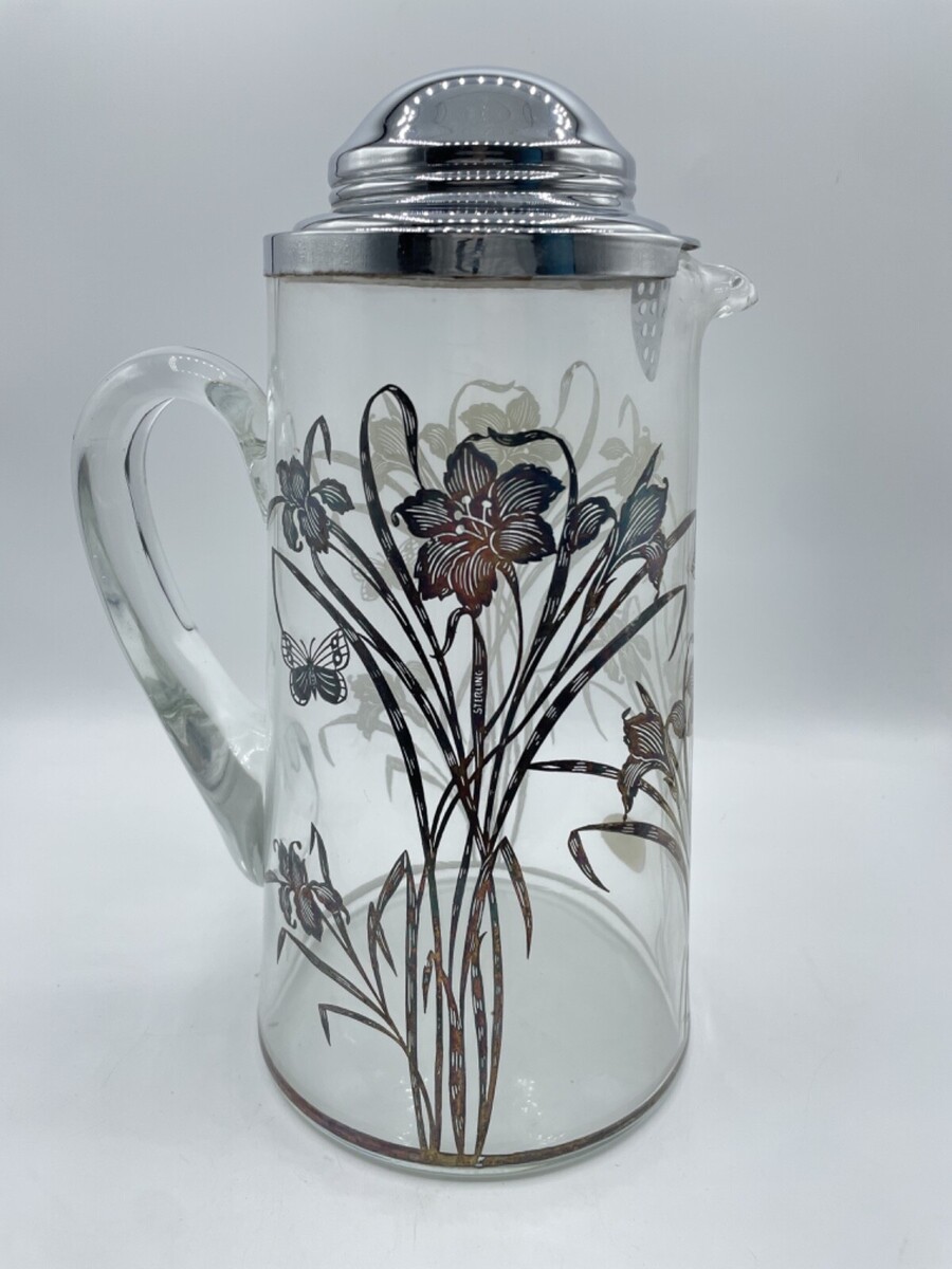 Vintage Sterling Silver Overlay Glass Pitcher Flowers Floral Bs310 - $9.79