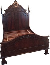QUEEN BED  VICTORIAN STYLE CARVED DOUBLE ARCH  FLAME MAHOGANY  BURL INLAY - £5,434.95 GBP