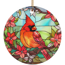 Red Cardinal Bird Art Stained Glass Wreath Christmas Ornament Cardinals Lover - £11.83 GBP