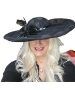 JFY Collection NY  Ladies Black Hat HUGE Wide Brim Church Derby Lace Feather  - $73.26