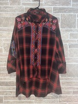 Caleeas Floral Embroidered Flannel Top Hi Low Hem Pockets Size Xl - $32.67