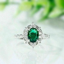 2Ct Oval Cut Green Emerald Vintage Halo Engagement Ring 14K White Gold Finish - £78.81 GBP