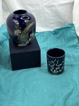 Pheasants Floral Hand Cobalt Blue &amp; Gold Painted Chinese Style Ginger Jar 5&quot; Cup - £9.52 GBP
