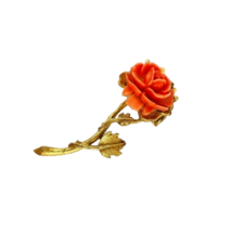 Coral Rose Flower Leaf Gold Tone Vintage Brooch - $19.79
