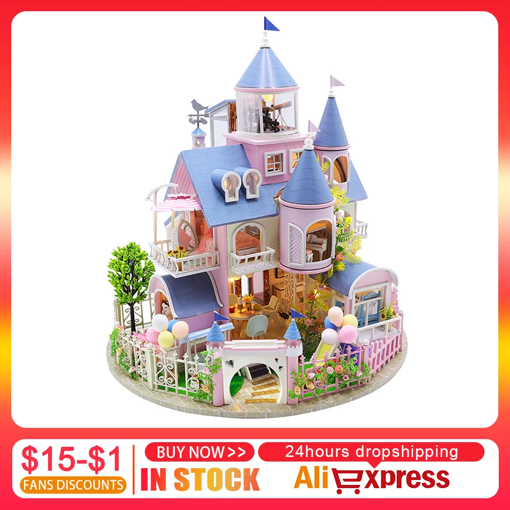 DIY Doll House Furniture Kit Miniature 3D Wooden Dollhouse LED Assembly Castle - £26.55 GBP+